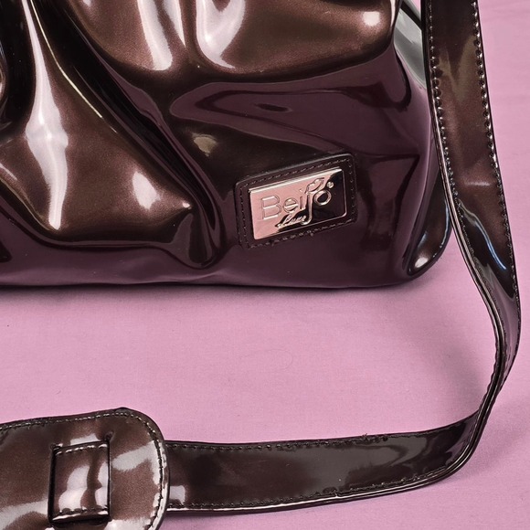 Beijo Luxe Metallic Bronze Patent Pleated Satchel Handbag Crossbody Bag Large - Picture 3 of 16